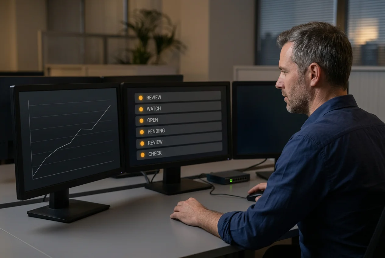 Sports betting integrity analyst monitoring suspicious UFC fight alerts on a multi-screen workstation
