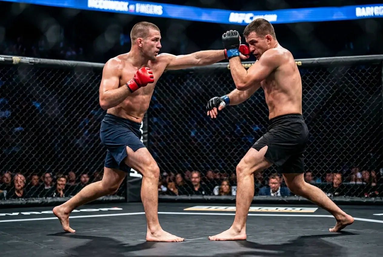 UFC octagon bout: two MMA fighters trading strikes during a UK-televised UFC main event